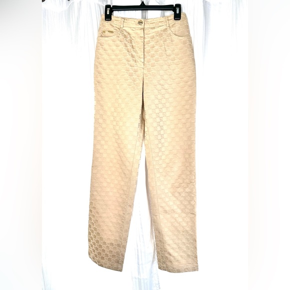 St John Vintage Women Size 2 Tan Logo Cotton Viscose Jacket Pants Set Gold - Picture 10 of 16